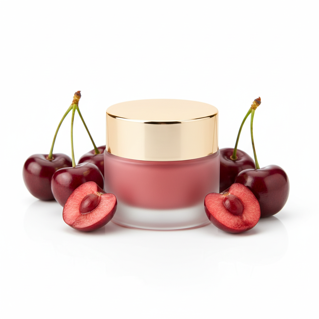 Cherry Lip Sleeping Mask product jar with fresh cherries